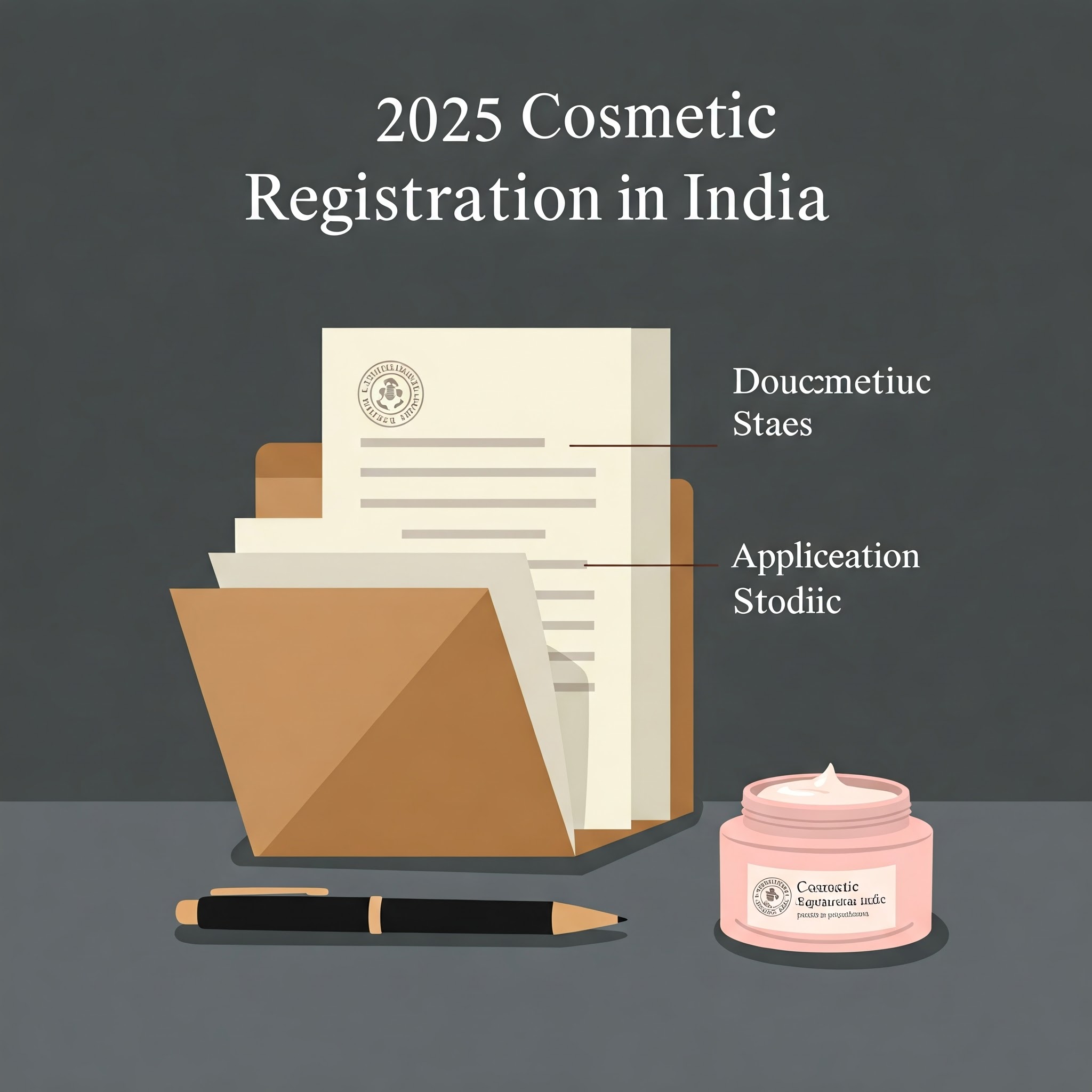 A minimalist illustration of the 2025 cosmetic registration process in India, featuring a file, pen, and cosmetic product.