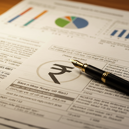 A symbolic representation of cosmetic registration price in India, A close-up, macro shot of official-looking documents featuring a prominent, highlighted rupee symbol in the center of the frame. The documents are detailed, possibly featuring a legal document, financial report, or official letter, with a detailed layout. A sleek black pen with metallic accents is subtly placed on the documents, near the highlighted symbol.